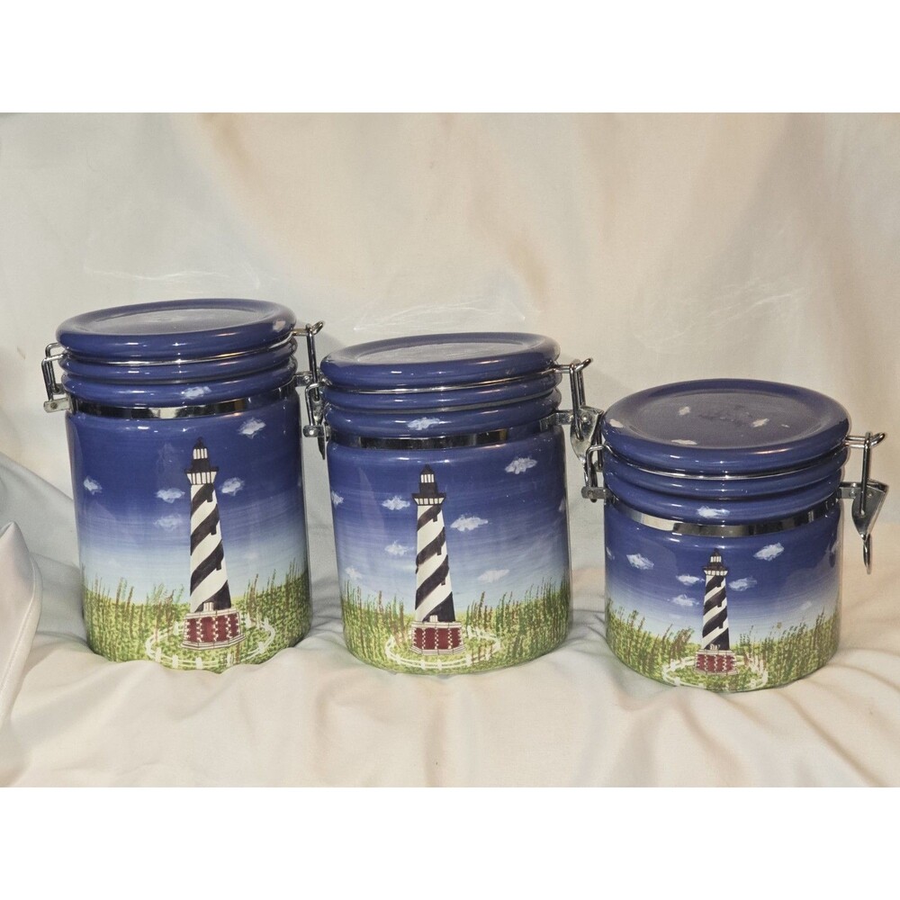 Vintage Lefton Cape Hatteras Lighthouse Canister Set 3 Ceramic Kitchen Nautical